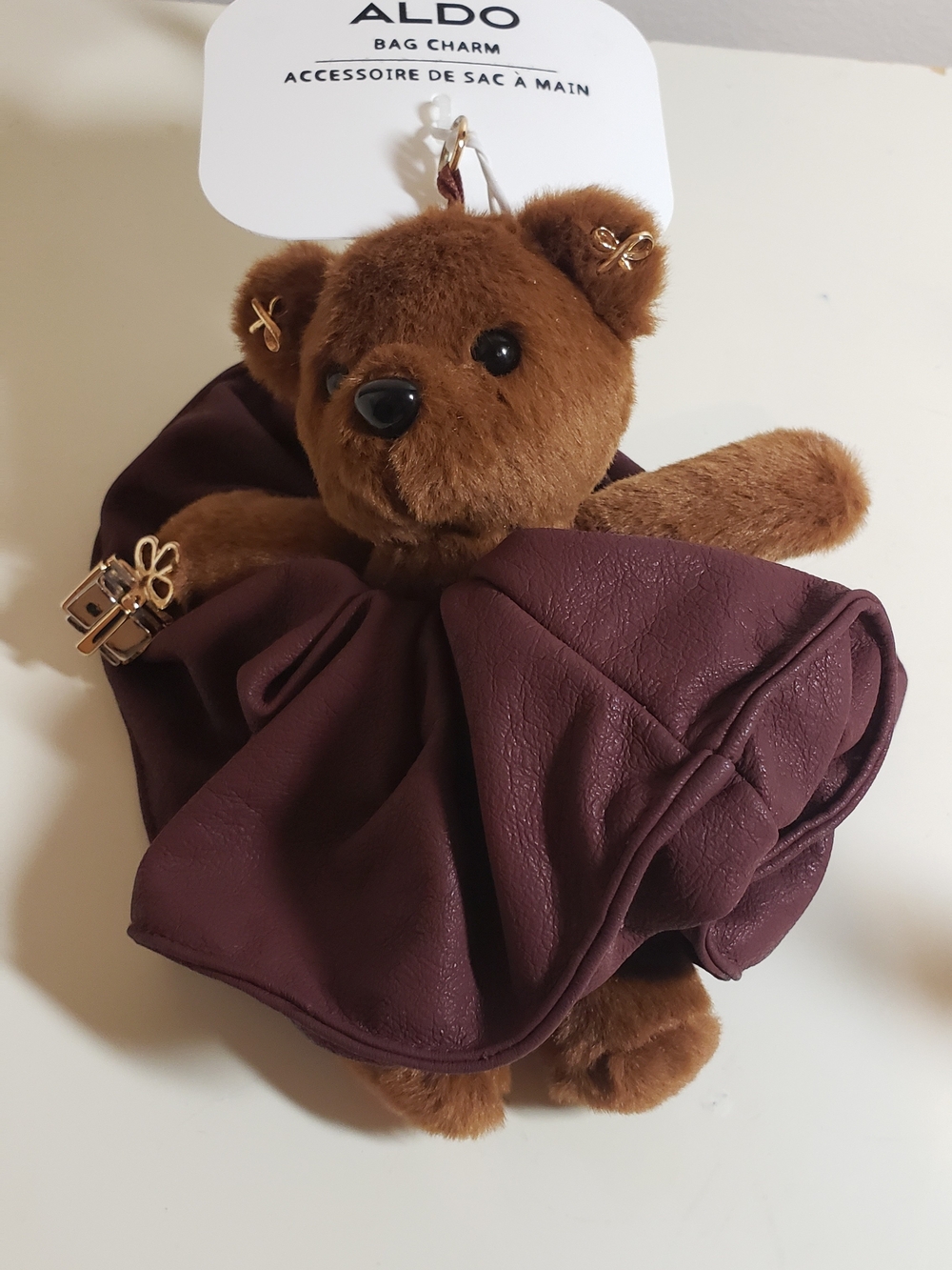 ALDO Brown Bear Bag Charm with Burgundy Bow Accent